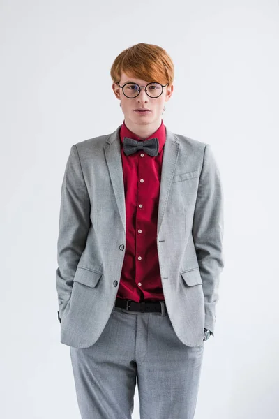 Young Male Fashion Model Eyeglasses Hands Pockets Isolated Grey — Stock Photo, Image