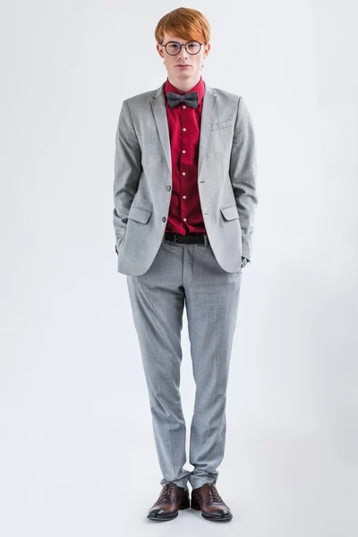 Male Fashion Model Eyeglasses Dressed Suit Bow Tie Isolated Grey — Stock Photo, Image
