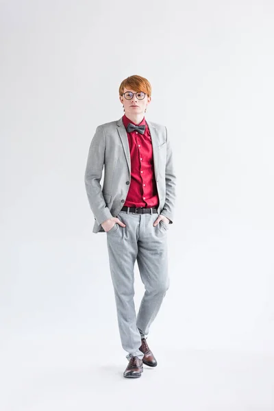 Young Male Fashion Model Eyeglasses Dressed Suit Isolated Grey — Stock Photo, Image