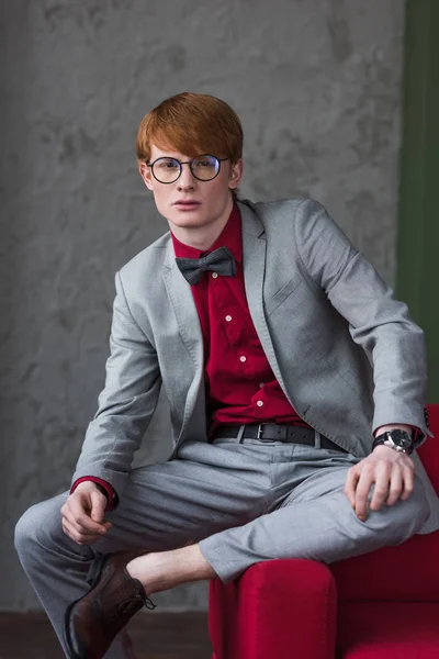 Young Male Fashion Model Eyeglasses Dressed Grey Suit Bow Tie — Stock Photo, Image