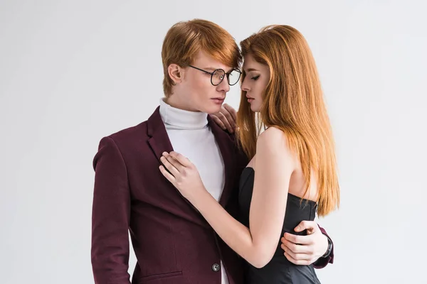 Young Stylish Male Model Eyeglasses Holding Waist His Girlfriend Isolated — Free Stock Photo