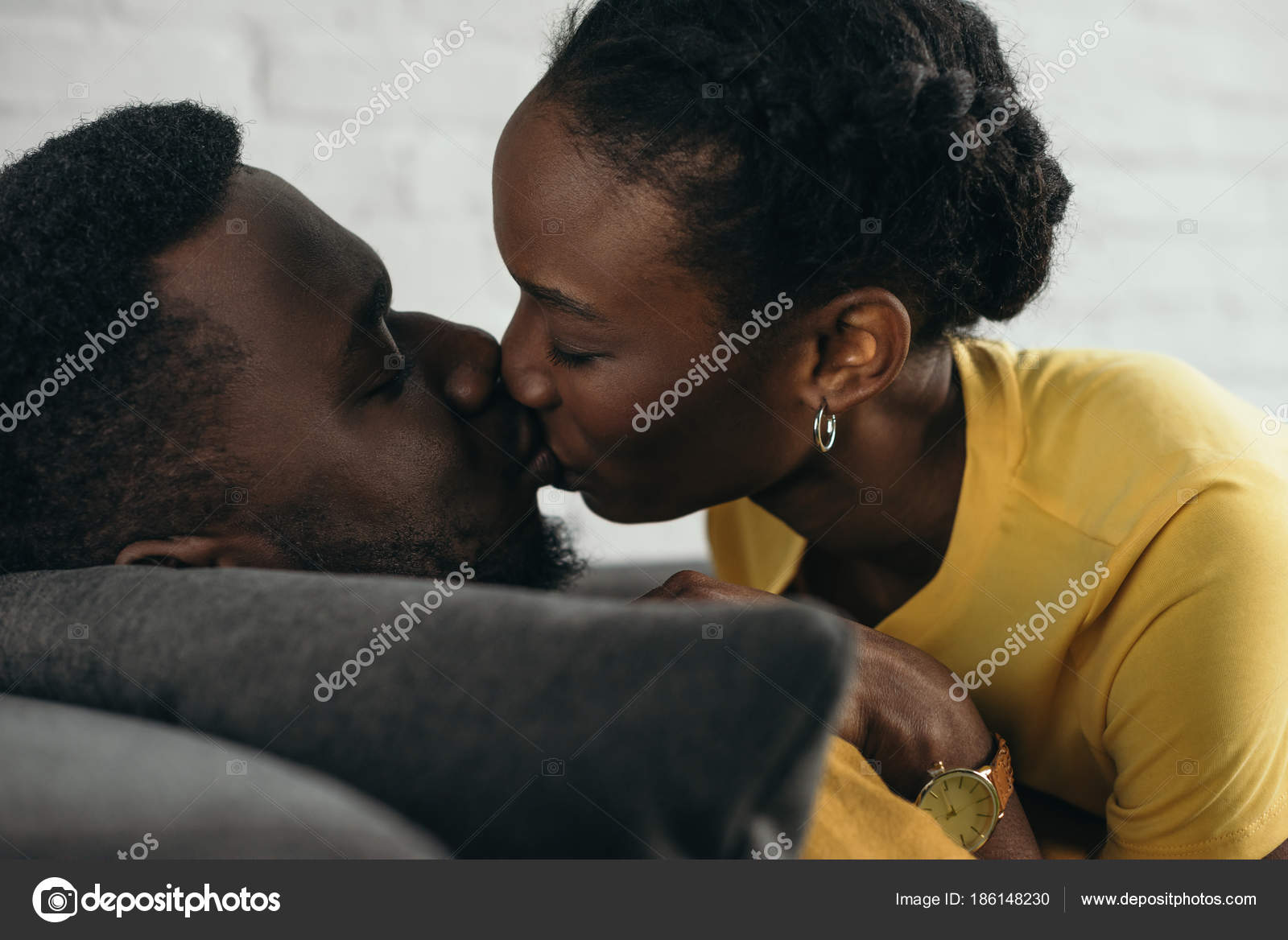 Close View Beautiful Young African American Couple Kissing Home Stock Photo  by ©AllaSerebrina 186148230
