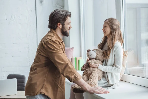 Smiling Father Daughter Looking Each Other Window — Stock Photo, Image