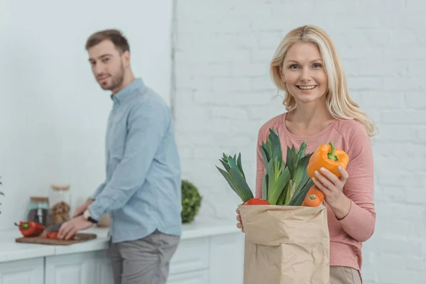 Selective Focus Smiling Woman Paper Bag Full Fresh Vegetables Dinner — Stock Photo, Image