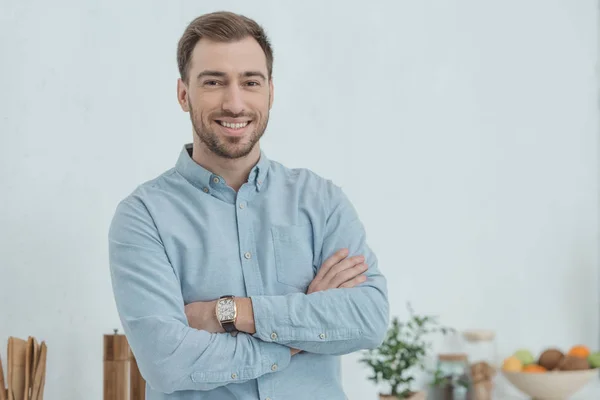 Portrait Smiling Man Arms Crossed Looking Camera Home — Stock Photo, Image