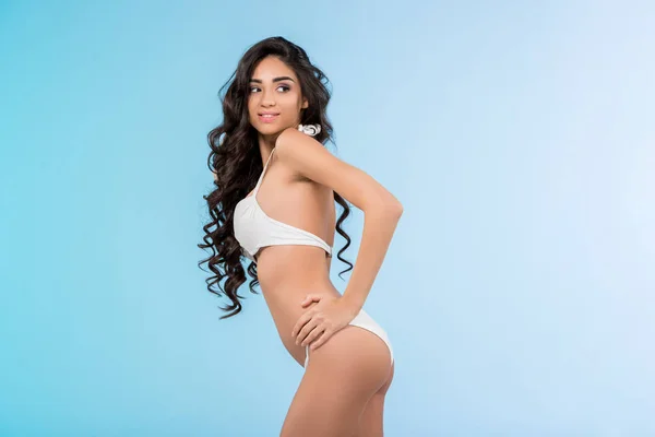 Attractive Brunette Slim Girl Posing White Bikini Isolated Blue — Stock Photo, Image