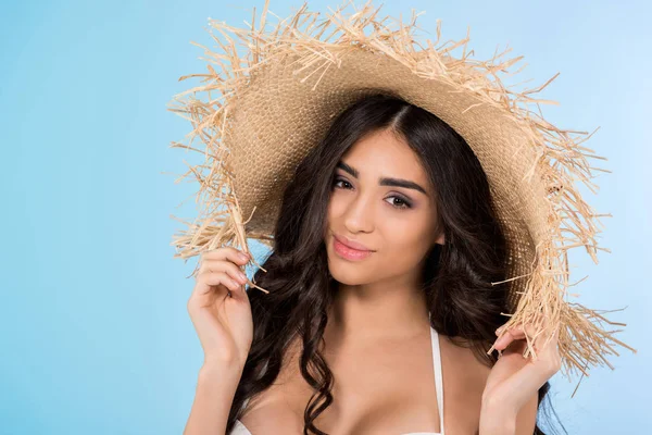 Attractive Young Woman Straw Hat Isolated Blue — Free Stock Photo