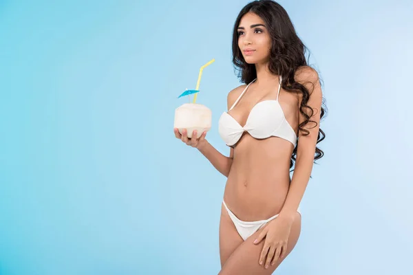 Beautiful Girl Holding Summer Cocktail Fresh Coconut Isolated Blue — Stock Photo, Image