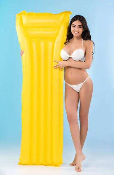Beautiful Slim Girl Yellow Inflatable Mattress Isolated Blue — Stock Photo, Image