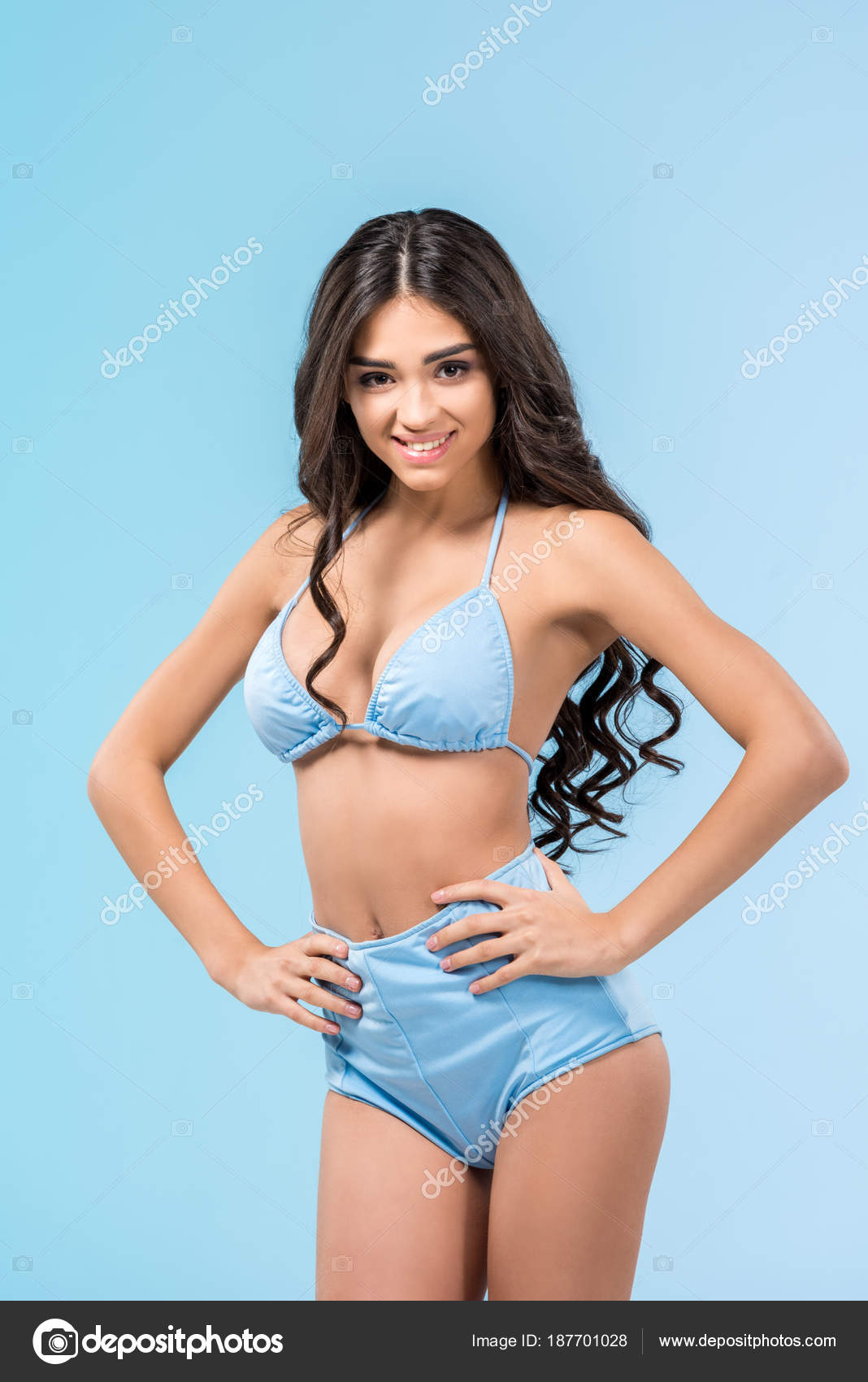 Beautiful Cheerful Girl Posing Swimsuit Isolated Blue Stock Photo By C Allaserebrina 187701028