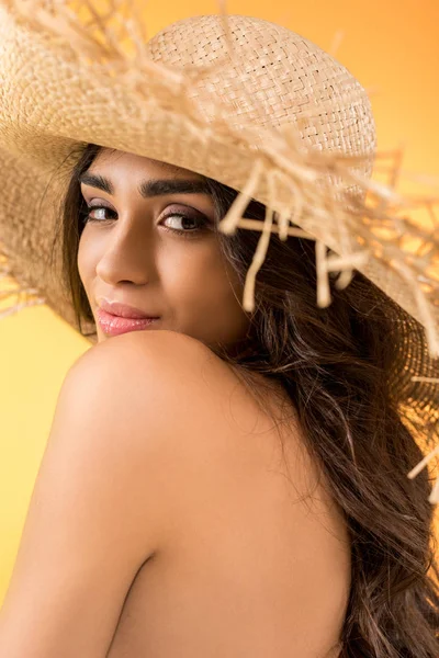 Attractive Girl Posing Straw Hat Isolated Yellow — Stock Photo, Image