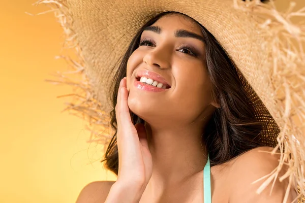 Cheerful Attractive Girl Straw Hat Isolated Yellow — Stock Photo, Image