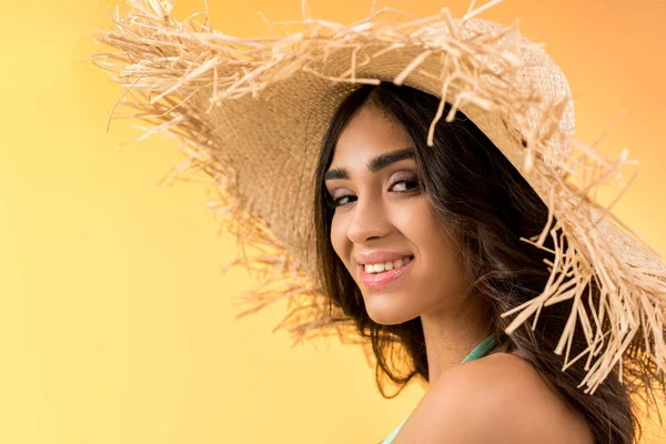 Portrait Attractive Girl Posing Straw Hat Isolated Yellow — Stock Photo, Image