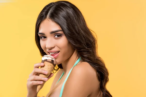 Attractive Girl Eating Ice Cream Cone Isolated Yellow — Free Stock Photo