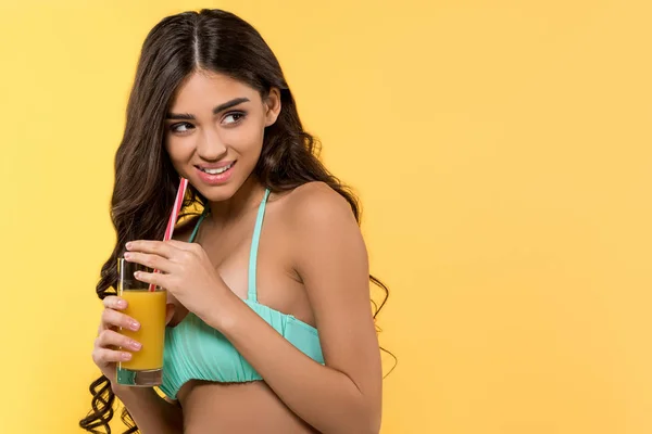 Attractive Girl Bikini Holding Glass Juice Isolated Yellow — Free Stock Photo