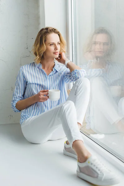 Young Stylish Woman Sitting Window Sill Cup Coffee Hand — Stock Photo, Image