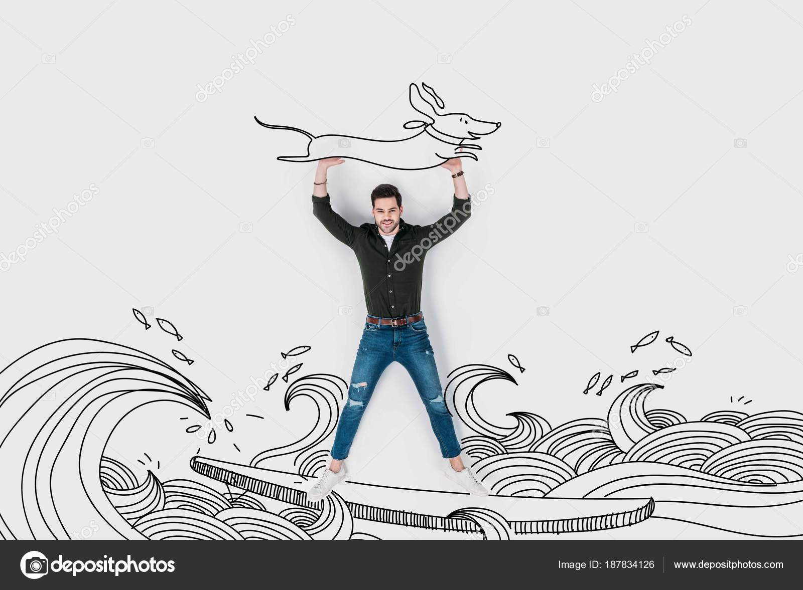 Disegnata a mano creativa di collage con uomo cavalca la tavola da surf e brandisce cane bassotto — Foto di AllaSerebrina