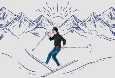 creative hand drawn collage with man skying in snowy mountains clipart