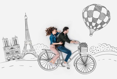 creative hand drawn collage with couple riding bike together at paris clipart
