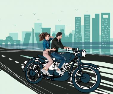 creative hand drawn collage with couple riding motorcycle together clipart