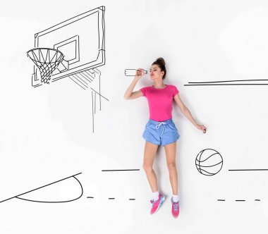 creative hand drawn collage with drinking water on basketball field clipart
