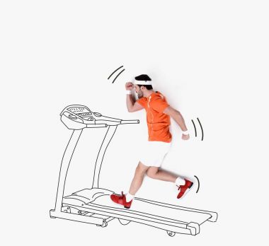 creative hand drawn collage with man running on treadmill clipart
