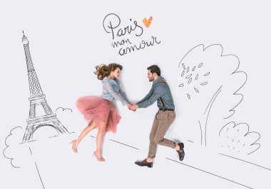 creative hand drawn collage with couple and eiffel tower, paris mon amor sign