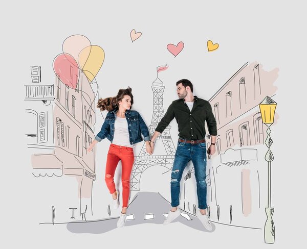 Collage Créatif Dessiné Main Avec Couple Marchant Dans Rue Paris — Photo