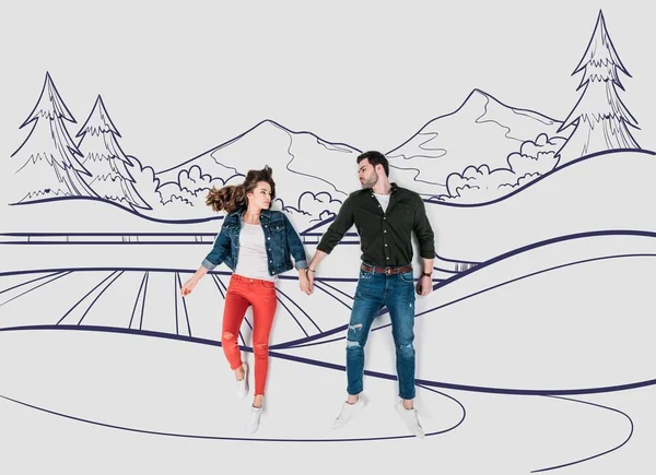 Creative Hand Drawn Collage Couple Walking Beautiful Landscape — Stock Photo, Image