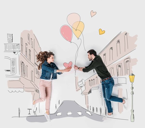 creative hand drawn collage with couple presenting valentines day gifts to each other