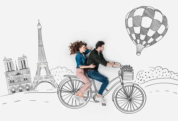 Kreative Handgezeichnete Collage Mit Paar Beim Gemeinsamen Fahrradfahren Paris — Stockfoto