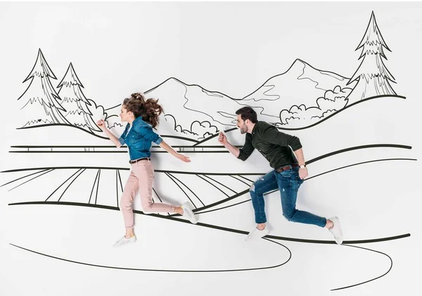 Creative Hand Drawn Collage Couple Running Mountains Landscape — Stock Photo, Image