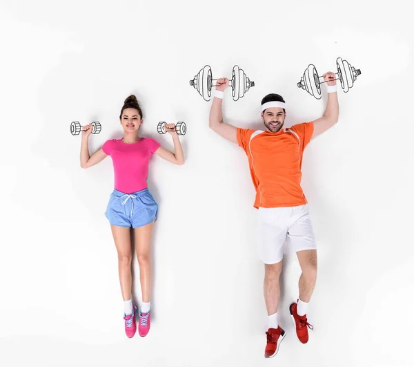 Creative Hand Drawn Collage Couple Working Out Dumbbells — Stock Photo, Image