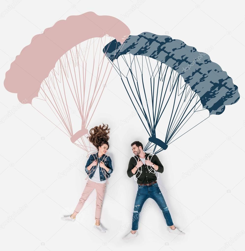 creative hand drawn collage with flying with parachutes together