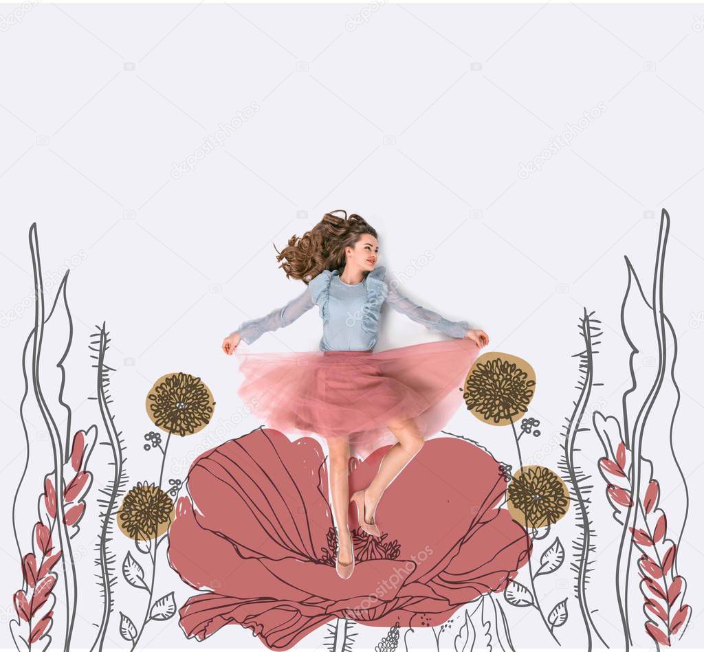 creative hand drawn collage with woman surrounded with beautiful flowers
