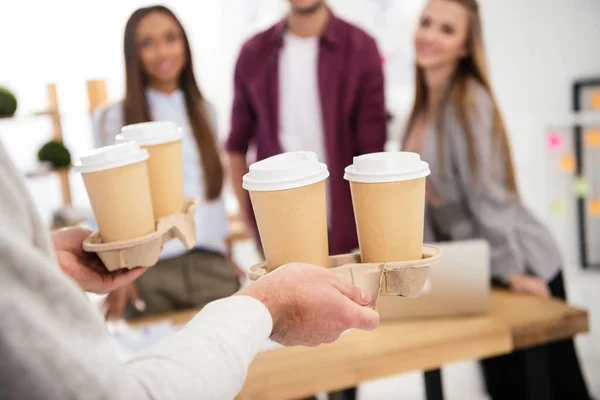Partial View Businessman Brought Coffee Multiethnic Colleagues Office — Stock Photo, Image