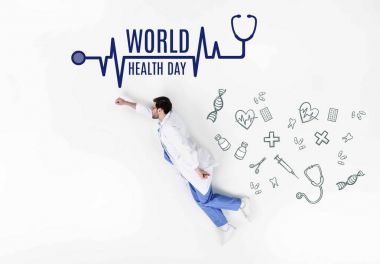 Dünya Sağlık günü yazıt ve tıbbi simgeleri ile süper kahraman gibi uçan doktor yaratıcı kolaj