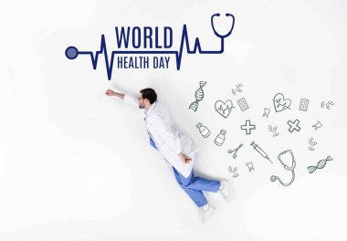 creative collage of doctor flying like super hero with world health day inscription and medical icons clipart