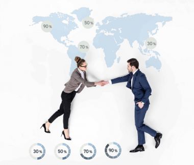 creative collage of business partners shaking hands against world statistics map clipart