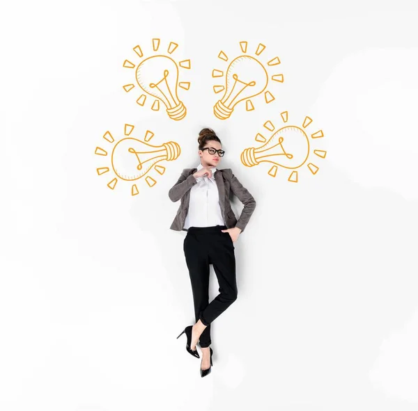 Creative Collage Stylish Young Businesswoman Drawn Idea Light Bulbs — Stock Photo, Image
