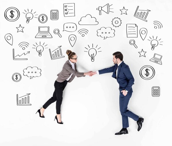 творческий коллаж деловых партнеров, пожимающих друг другу руки различными иконами бизнеса
