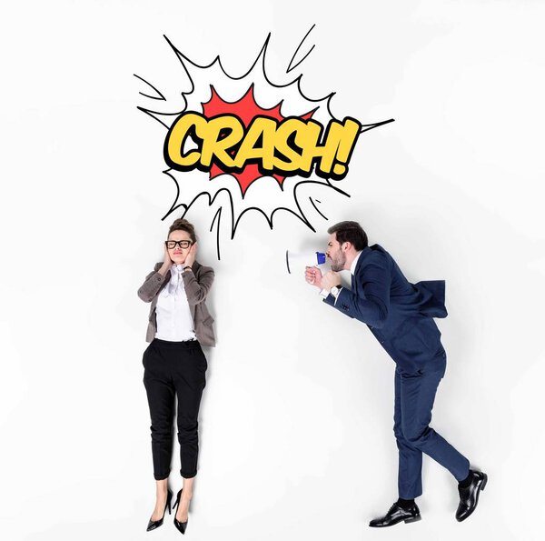 creative collage of boss shouting at manager with loudspeaker, crash comic style sign