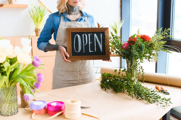 Cropped Shot Young Florist Holding Open Sign Flower Shop — Stock Photo, Image