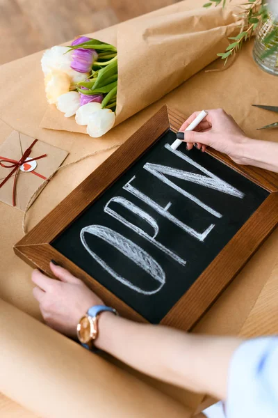 Cropped Shot Young Florist Writing Word Open Chalk Board — Stock Photo, Image