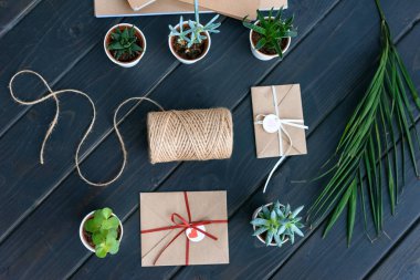 Tencere, güzel succulents palmiye yaprağı, ip ve zarflar üzerinde masa üstü düzenlenmiş 
