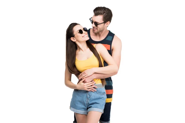 Happy Couple Sunglasses Hugging Looking Each Other Isolated White — Stock Photo, Image