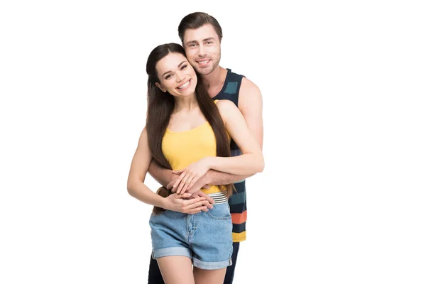 Smiling Couple Sunglasses Embracing Looking Camera Isolated White — Stock Photo, Image