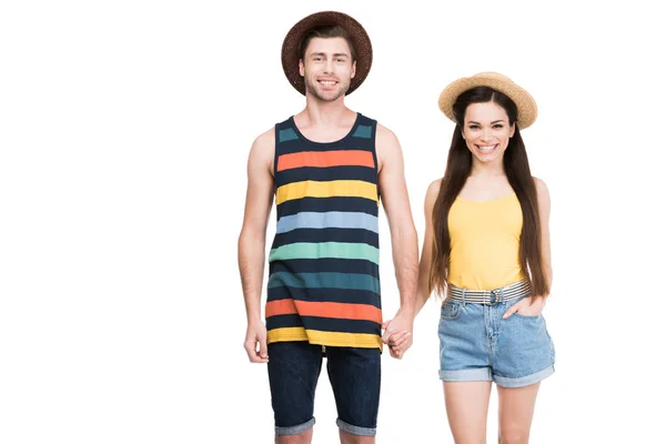 Couple Sunglasses Hats Holding Hands Smiling Camera Isolated White — Free Stock Photo