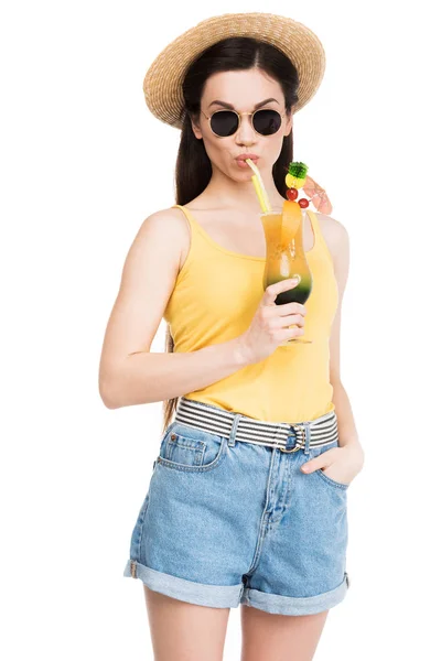 Beautiful Girl Sunglasses Drinking Summer Cocktail Isolated White — Stock Photo, Image