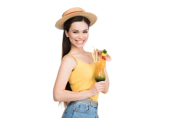Fată Frumoasă Fericită Cocktail Izolată Alb — Fotografie, imagine de stoc